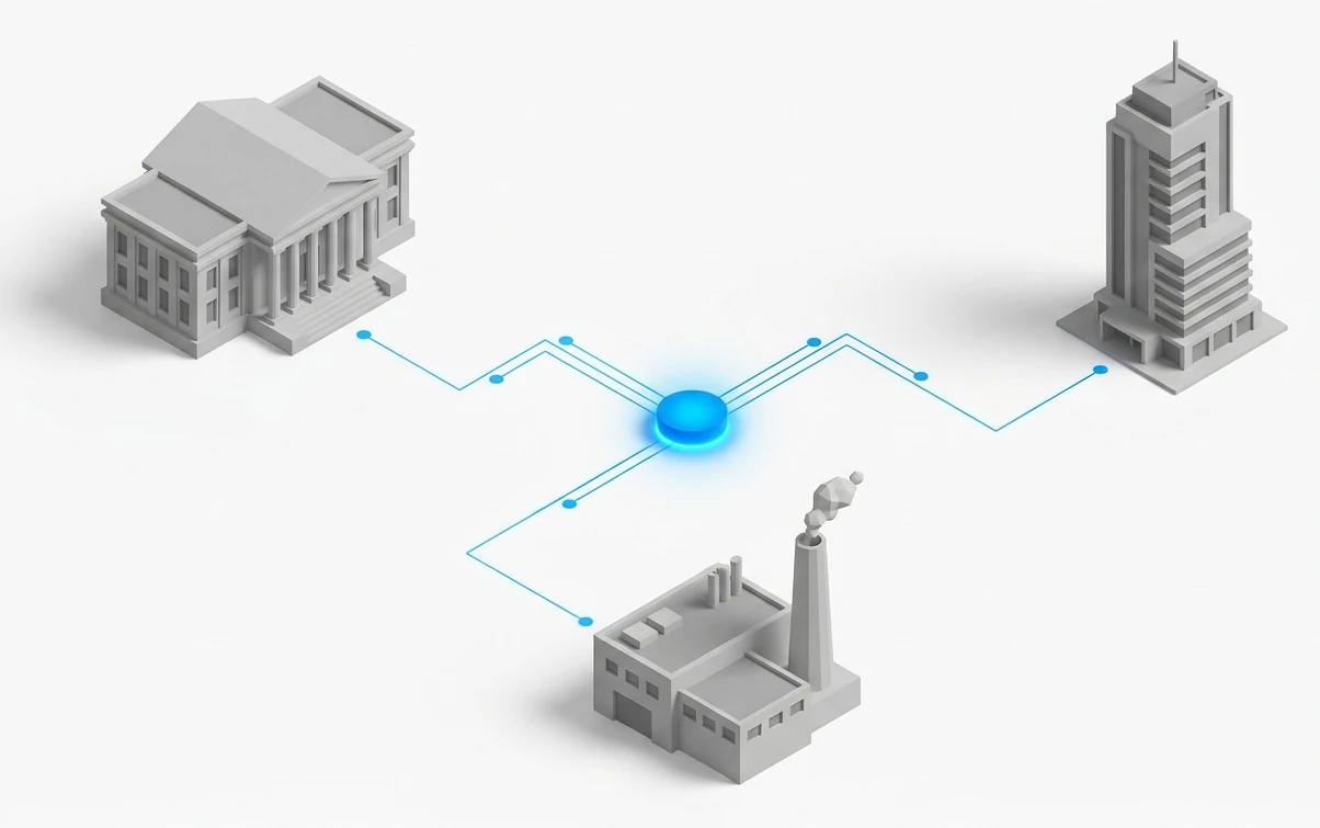 Minexx connects governments, finance partners and industrial off-takers, isometric network illustration